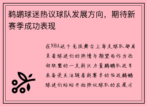 鹈鹕球迷热议球队发展方向，期待新赛季成功表现
